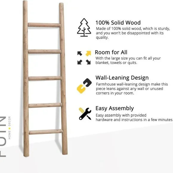 57in Wood Blanket Ladder Living Room Decorative Wall Leaning Farmhouse Quilt Dis - Picture 7 of 7